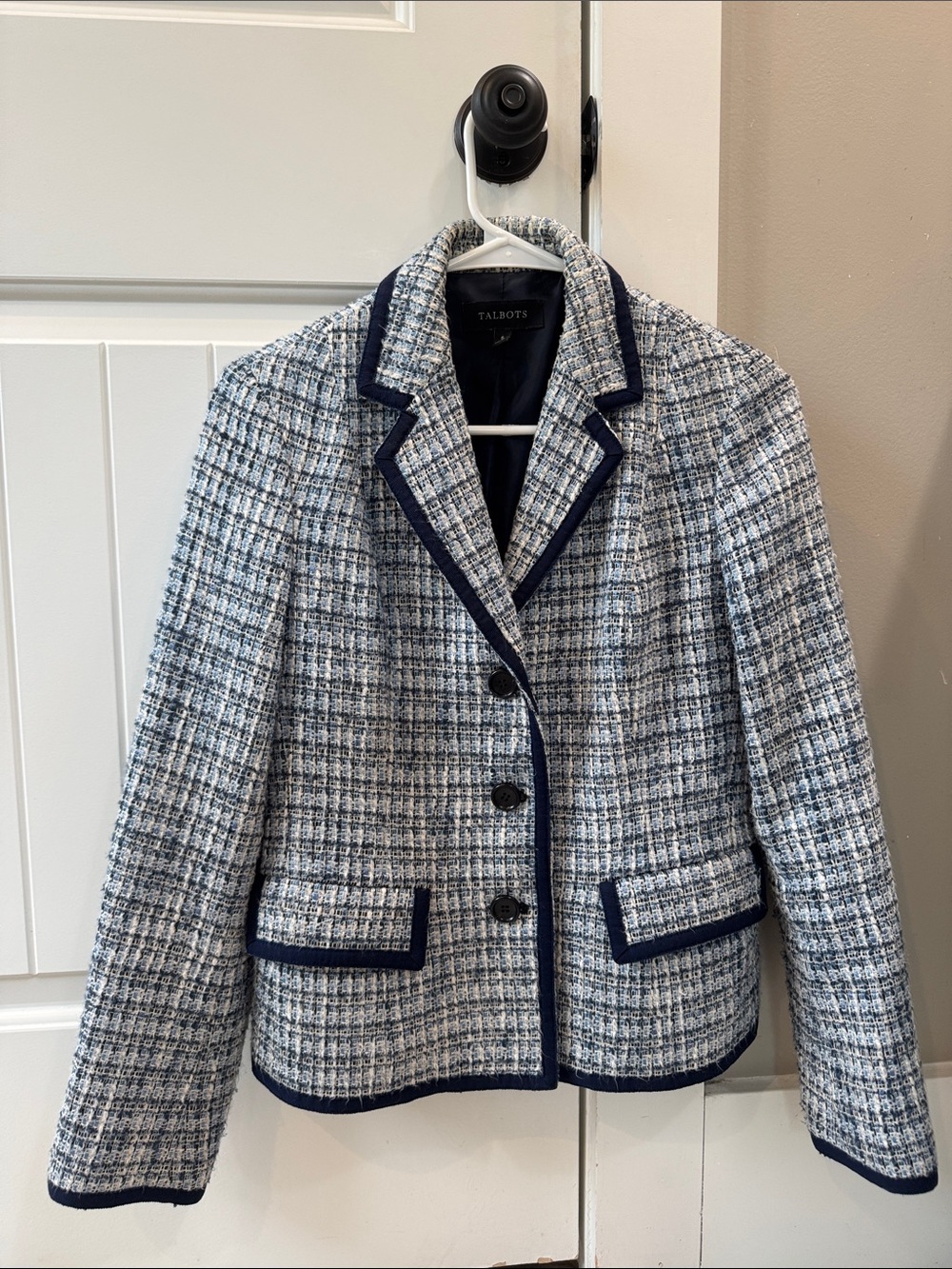 Talbots Navy and White Tweed Blazer with Contrast Trim